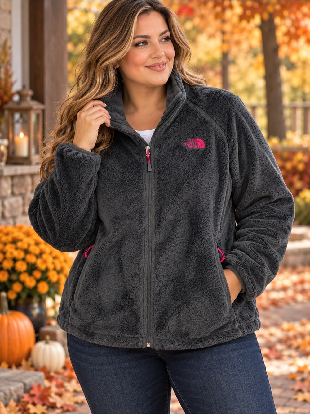 The North Face 2XL Charcoal Teddy Fleece Jacket with Pink Accents